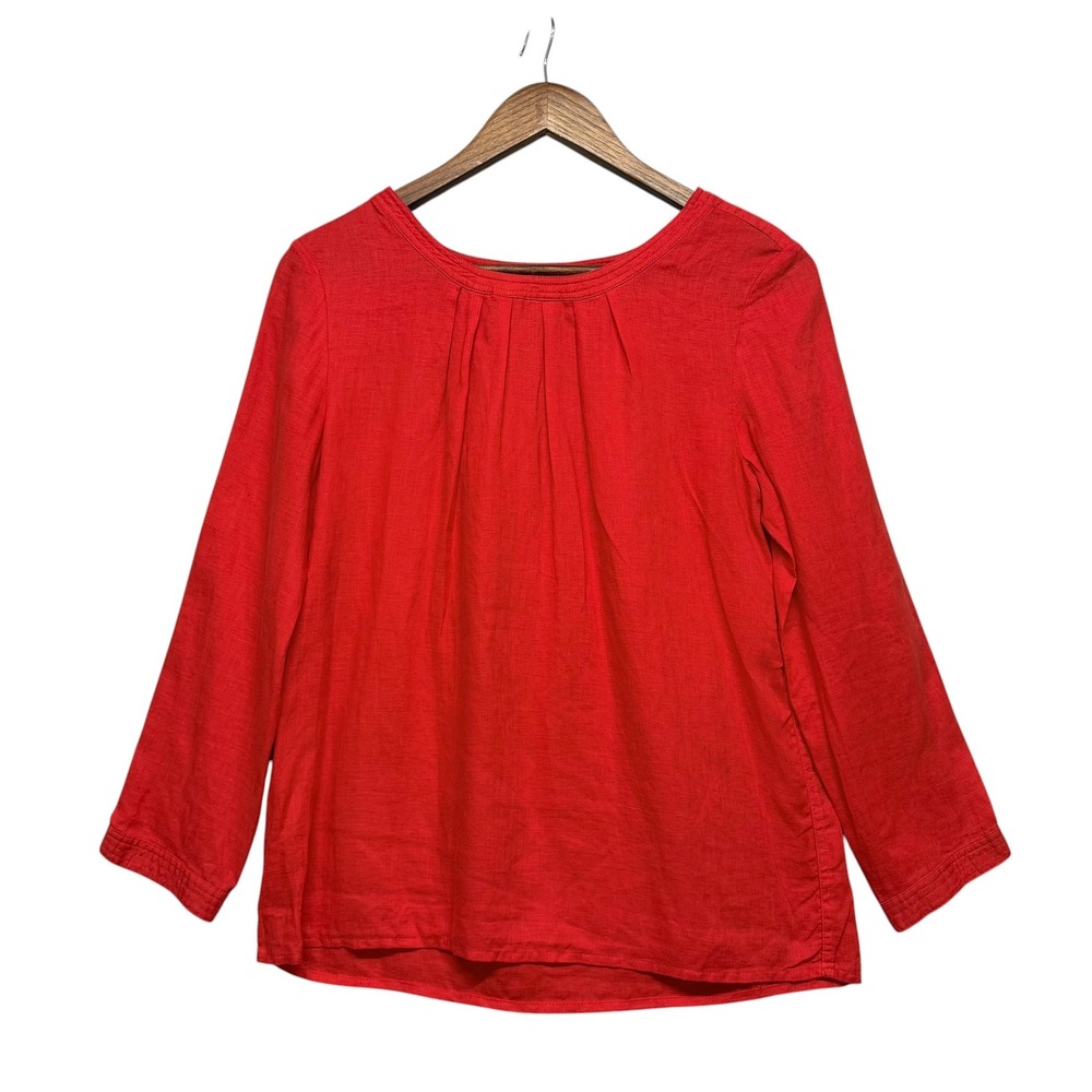 J.Crew Womens 4 Tunic Top Red Pleated 100% Linen Long Sleeve Peasant Minimalist